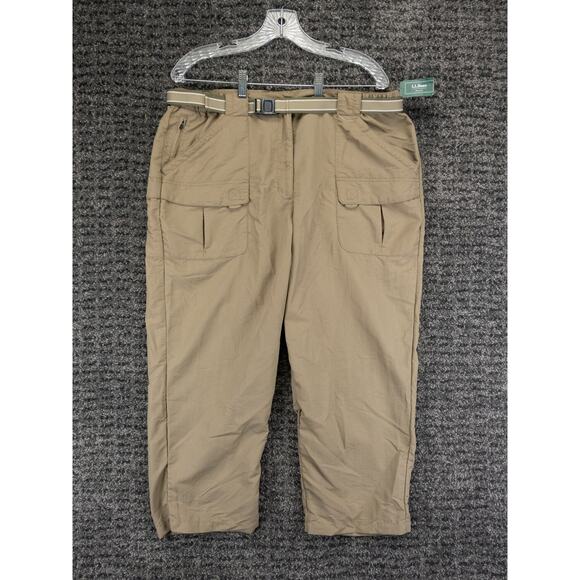 LL Bean Pants Womens Large Beige Tropicwear Capri Elastic Waist Belted Nylon NWT - Picture 1 of 12
